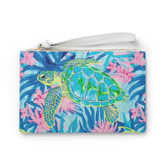 Sea Turtle Floral Clutch — Tropical Beach Wristlet Purse
