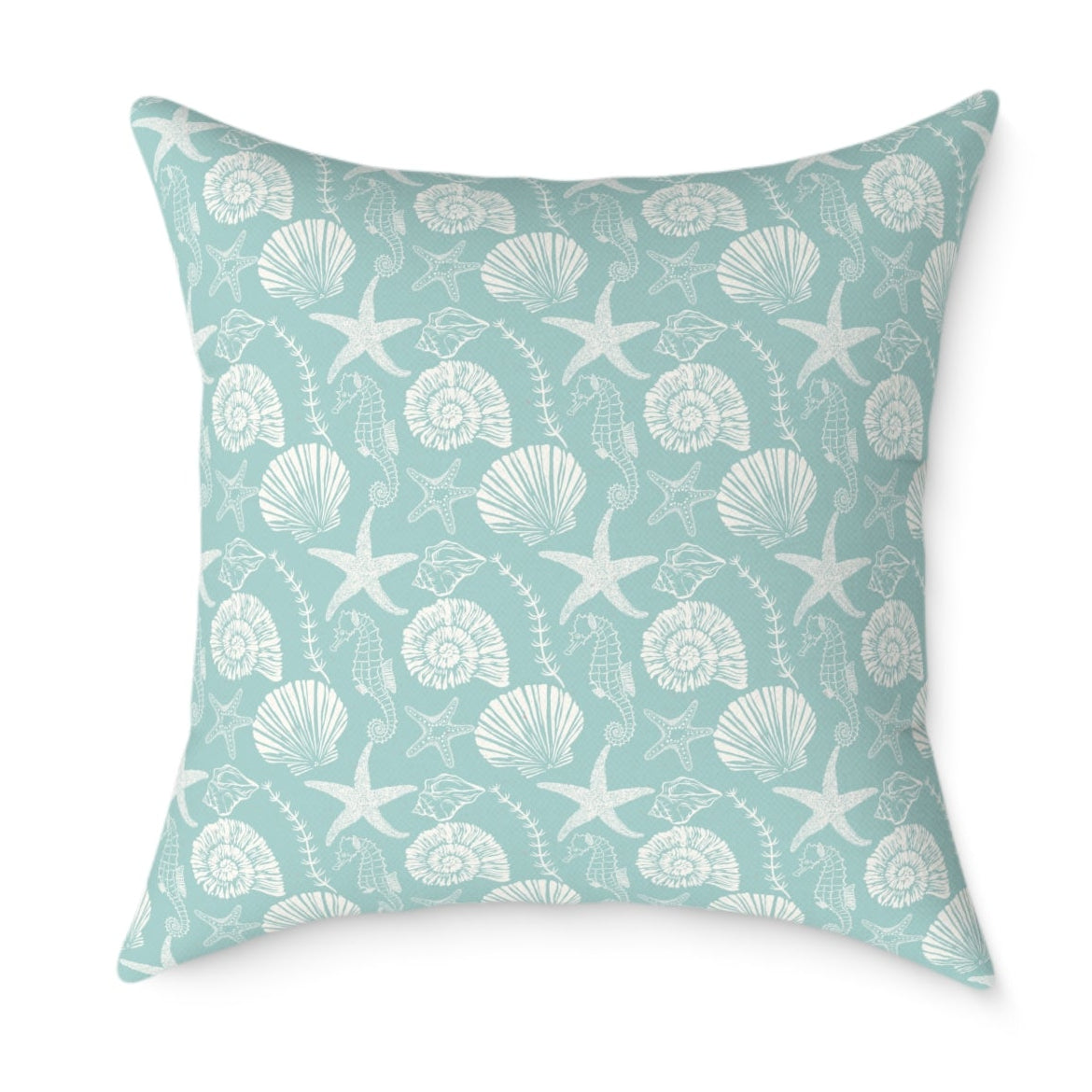 Seashells & Starfish Coastal Throw Pillow — Aqua Beach Pattern