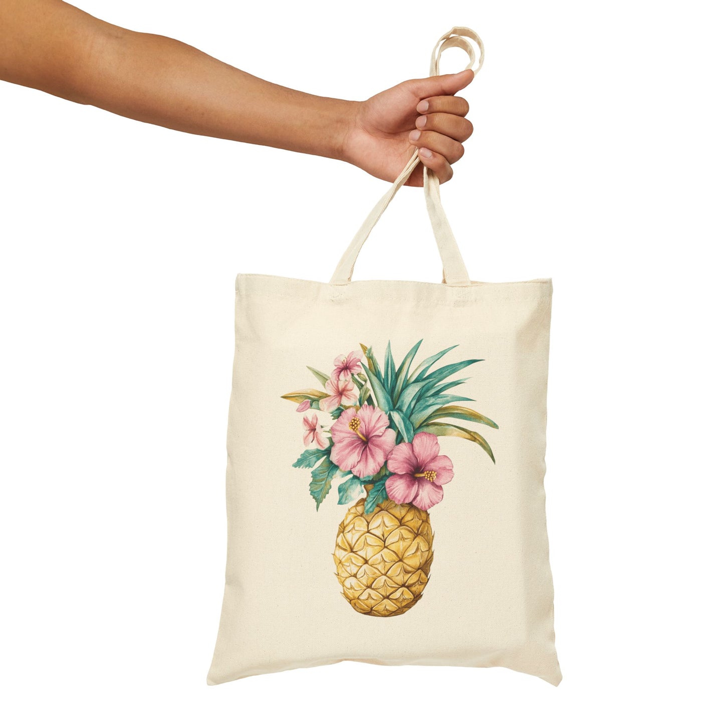 Pineapple Floral Canvas Tote Bag — Tropical Hibiscus Cotton Shopper