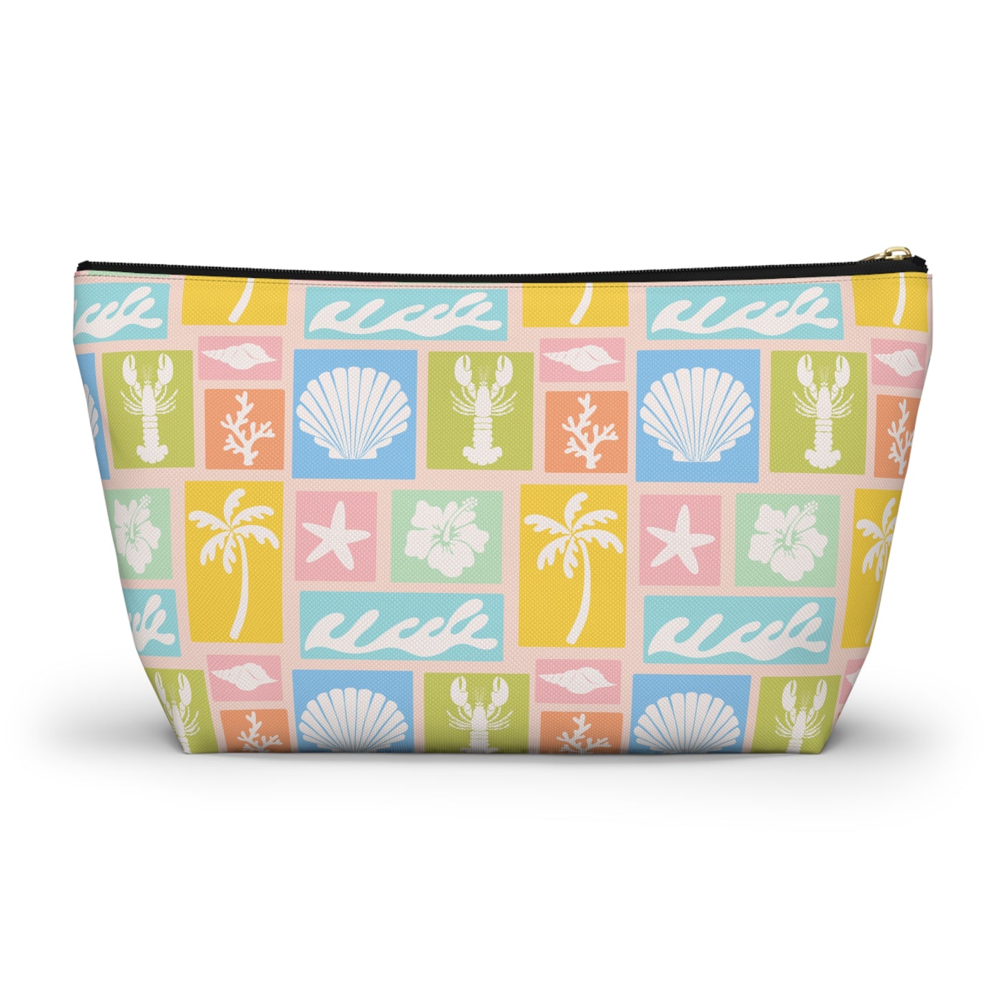 Seaside Patchwork Accessory Pouch — Pastel Beach Shell & Palm Makeup Bag
