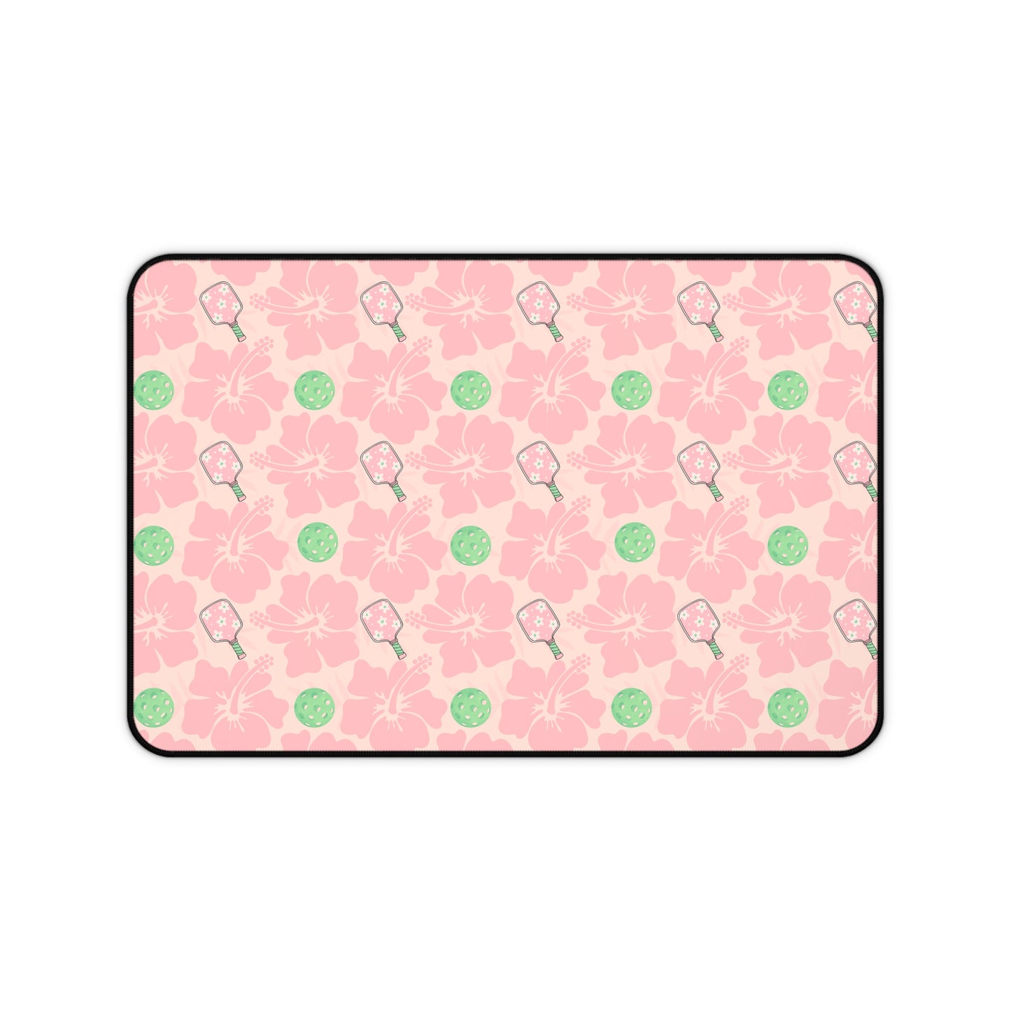 Pink and Green Pickleball Floral Desk Mat — Cute Hibiscus & Pickleball Pattern Mouse Pad