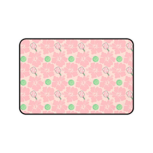 Pink and Green Pickleball Floral Desk Mat — Cute Hibiscus & Pickleball Pattern Mouse Pad