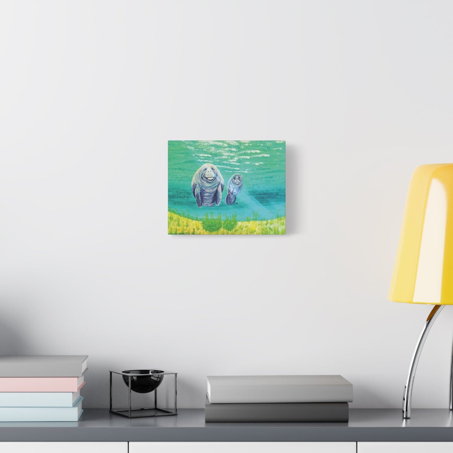 Manatee Mom and Calf Matte Canvas Print — Tropical Ocean Wildlife Wall Art