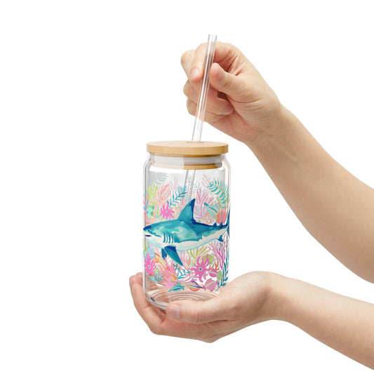 Eco-Friendly Summer Drinkware, Tropical Sipper Glass, 16oz | Shark Design, Party Accessory, Gift for Sea Life Ocean Lovers
