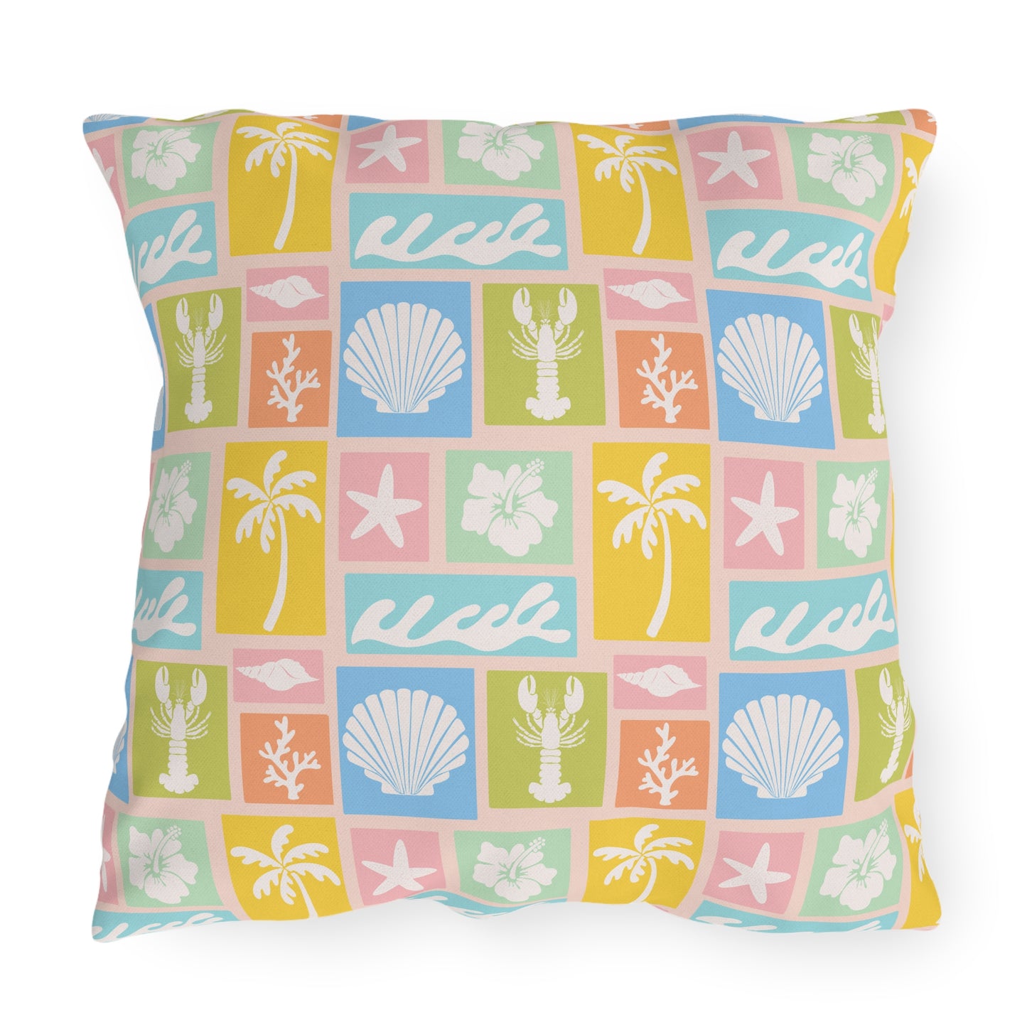 Coastal Patchwork Outdoor Pillow — Pastel Seashells, Palm & Wave Patio Cushion