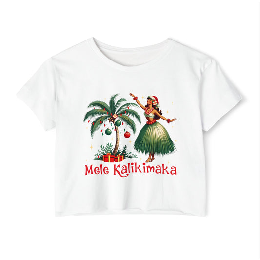 Aloha Christmas Retro Hawaiian Style Mele Kalikimaka Hula Girl Crop Top T-Shirt