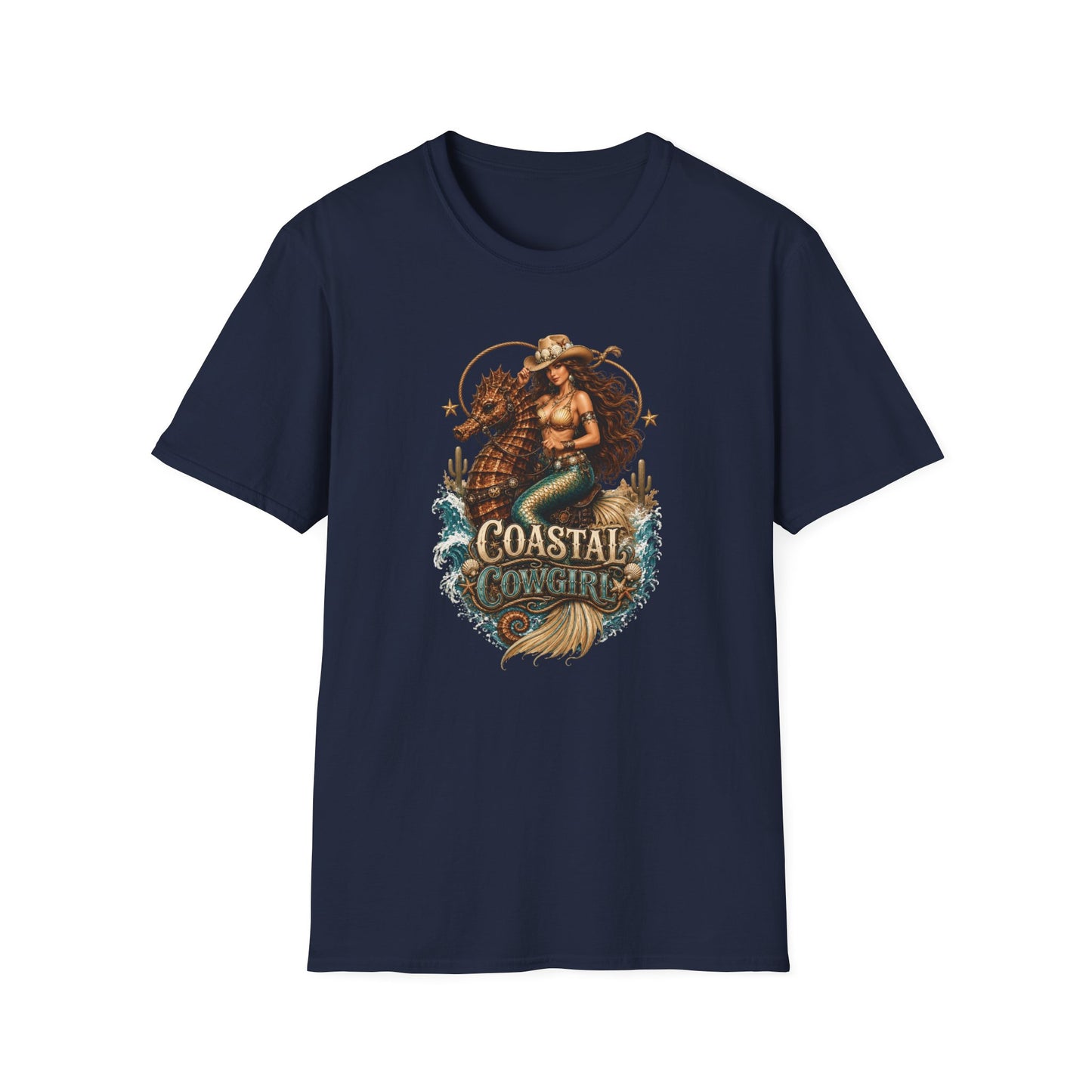 Coastal Cowgirl Mermaid T-Shirt — Western Beach Sea Horse Graphic Tee