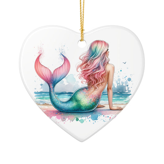 Mermaid Beach Heart Ceramic Ornament — Colorful Mermaid Decoration for Coastal Home or Christmas