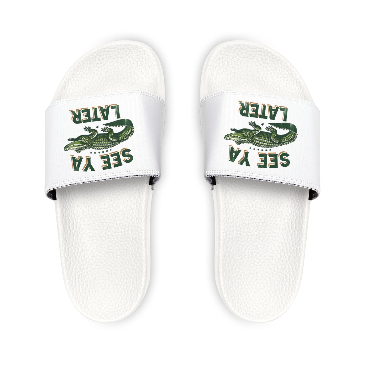 Slide Sandals — White ‘See Ya Later’ Alligator Crocodile Graphic