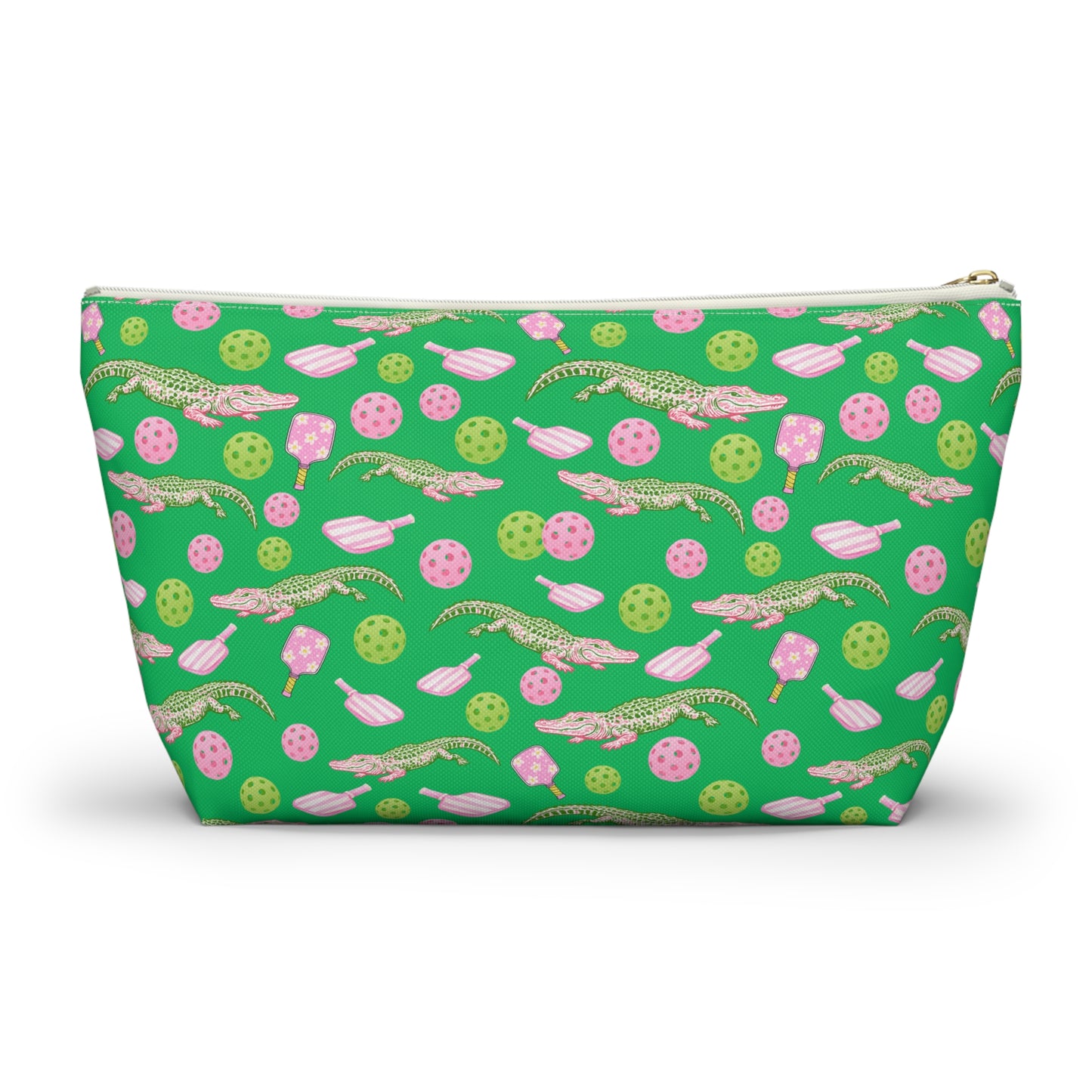 Alligator & Pickleball Paddle Pattern Accessory Pouch — Green T‑Bottom Cosmetic Bag