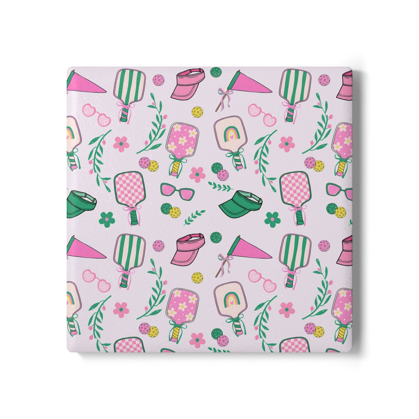 Preppy Pink Pickle Ball Ceramic Coaster — Retro Summer Pattern