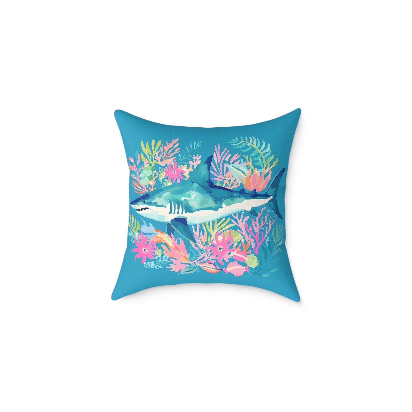 Shark Coral Square Throw Pillow — Tropical Ocean Floral Decorative Cushion