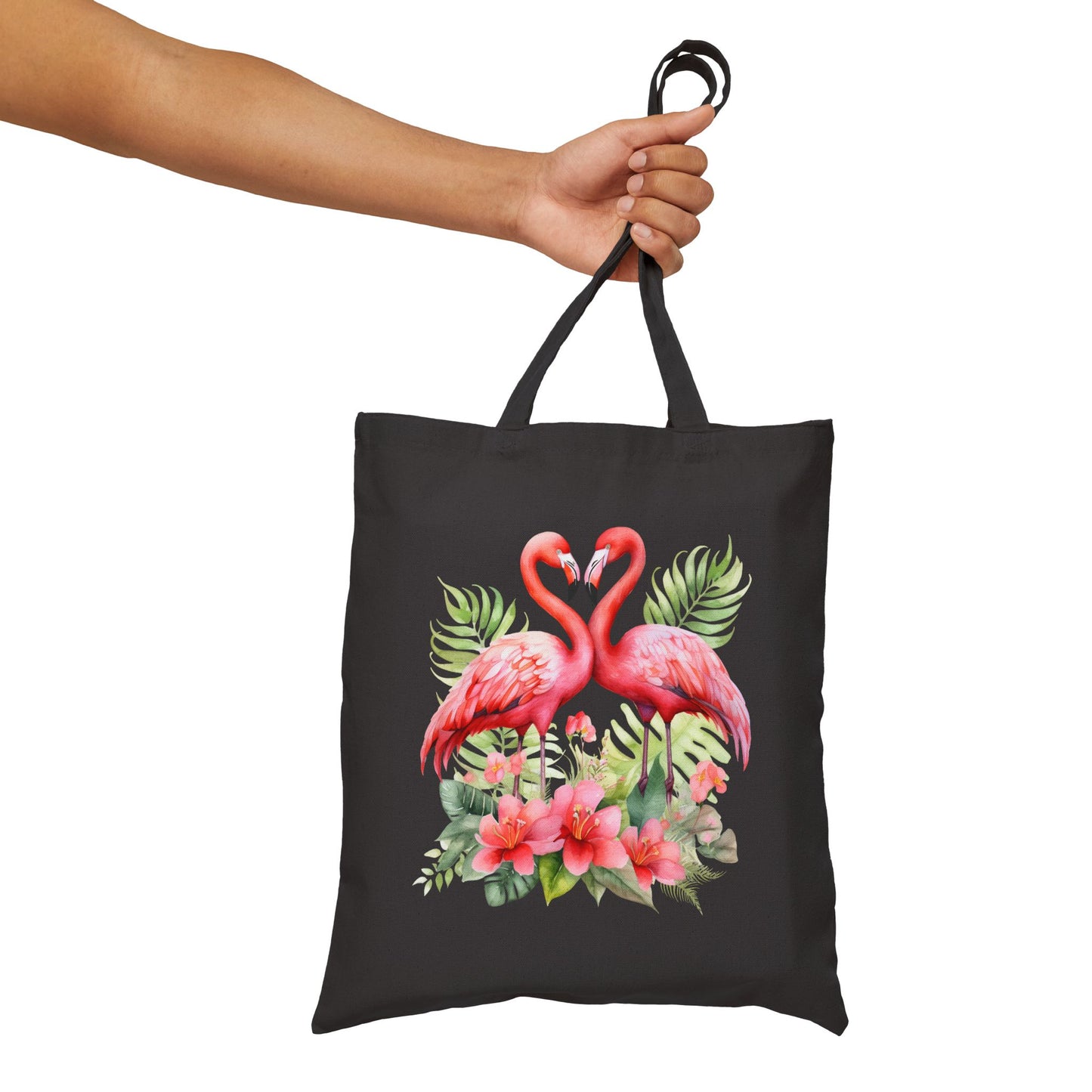 Cotton Canvas Tote Bag With Pink Flamingos