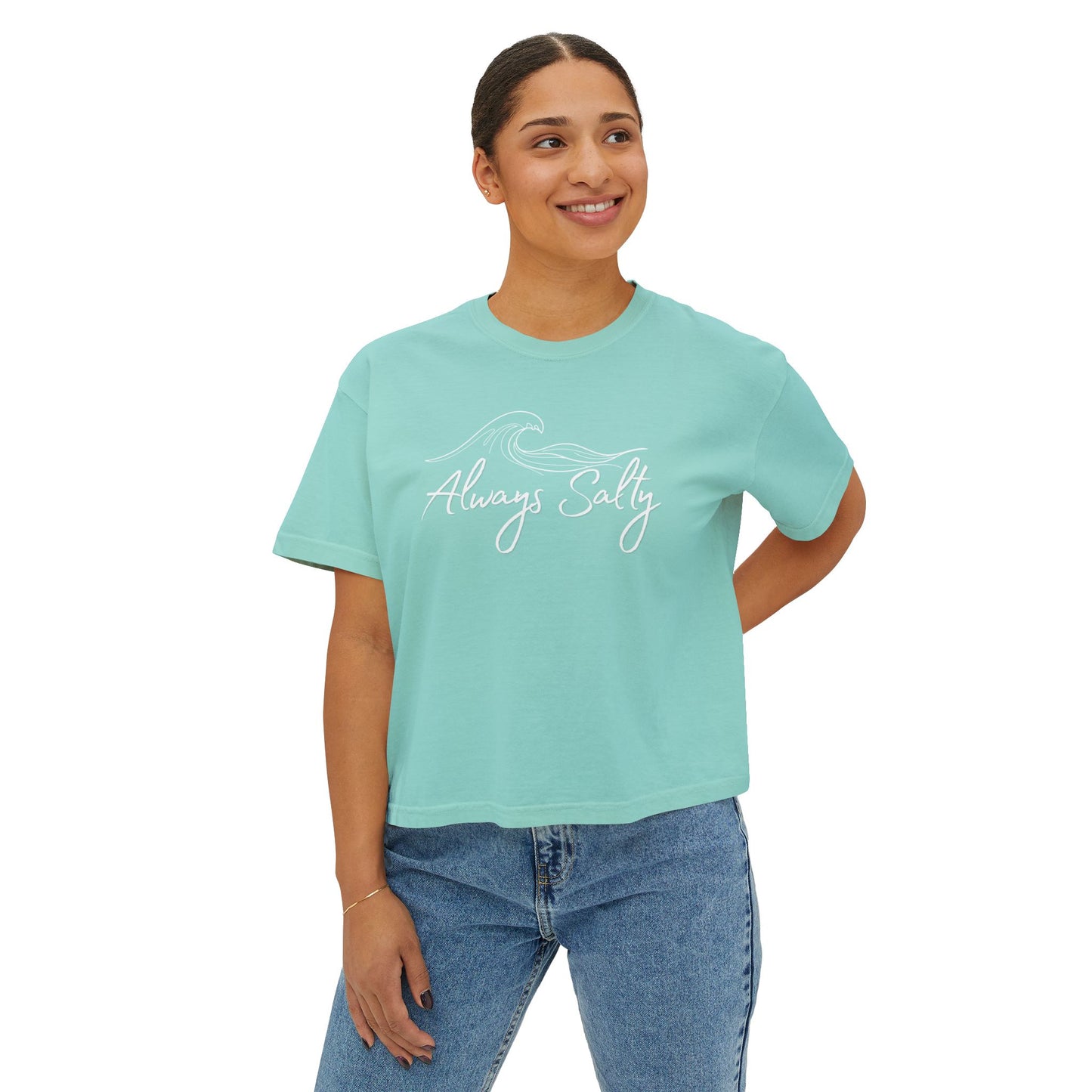 Women's Tee — "Always Salty" Wave Graphic Boxy Crop T-Shirt