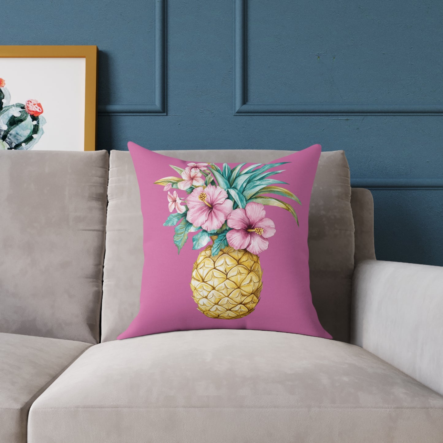 Pineapple Hibiscus Square Pillow — Tropical Floral Decorative Throw Pillow