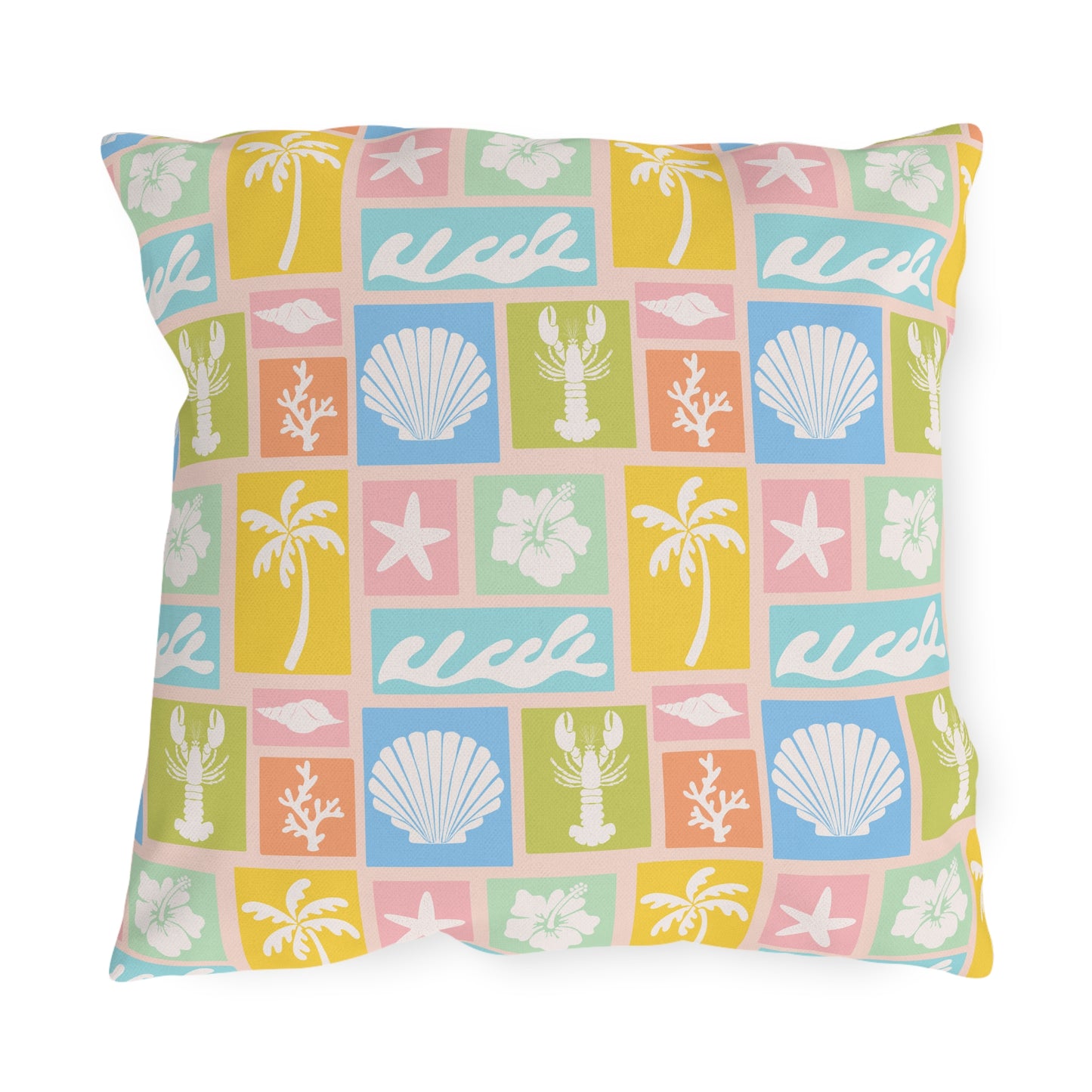 Coastal Patchwork Outdoor Pillow — Pastel Seashells, Palm & Wave Patio Cushion