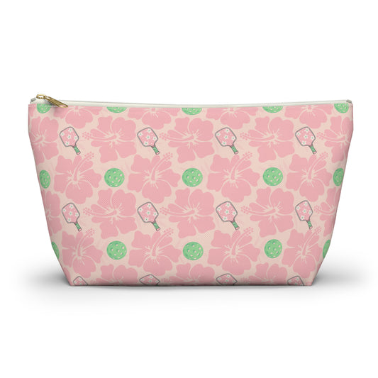 Pink Floral Pickleball Accessory Pouch — T‑Bottom Makeup Bag with Green Accents
