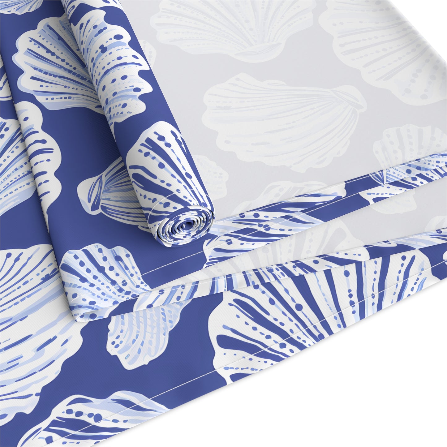 Coastal Seashell Navy Blue Table Runner — Cotton-Blend Beach Dining Decor