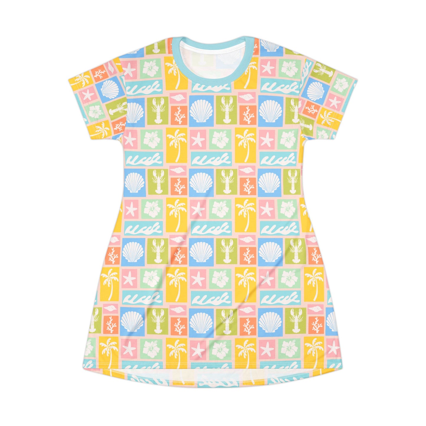 Beach Tile T-Shirt Dress — Seashell, Palm & Starfish Colorful Print