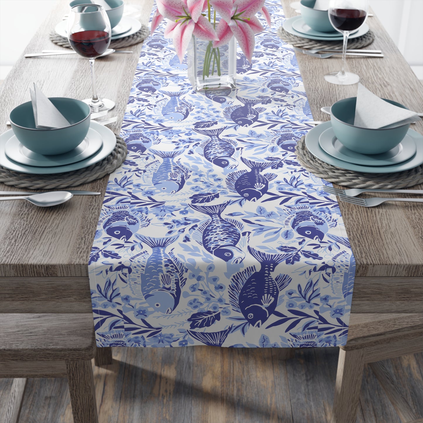 Blue Fish Pattern Navy Table Runner — Coastal Cotton-Poly Dining Decor