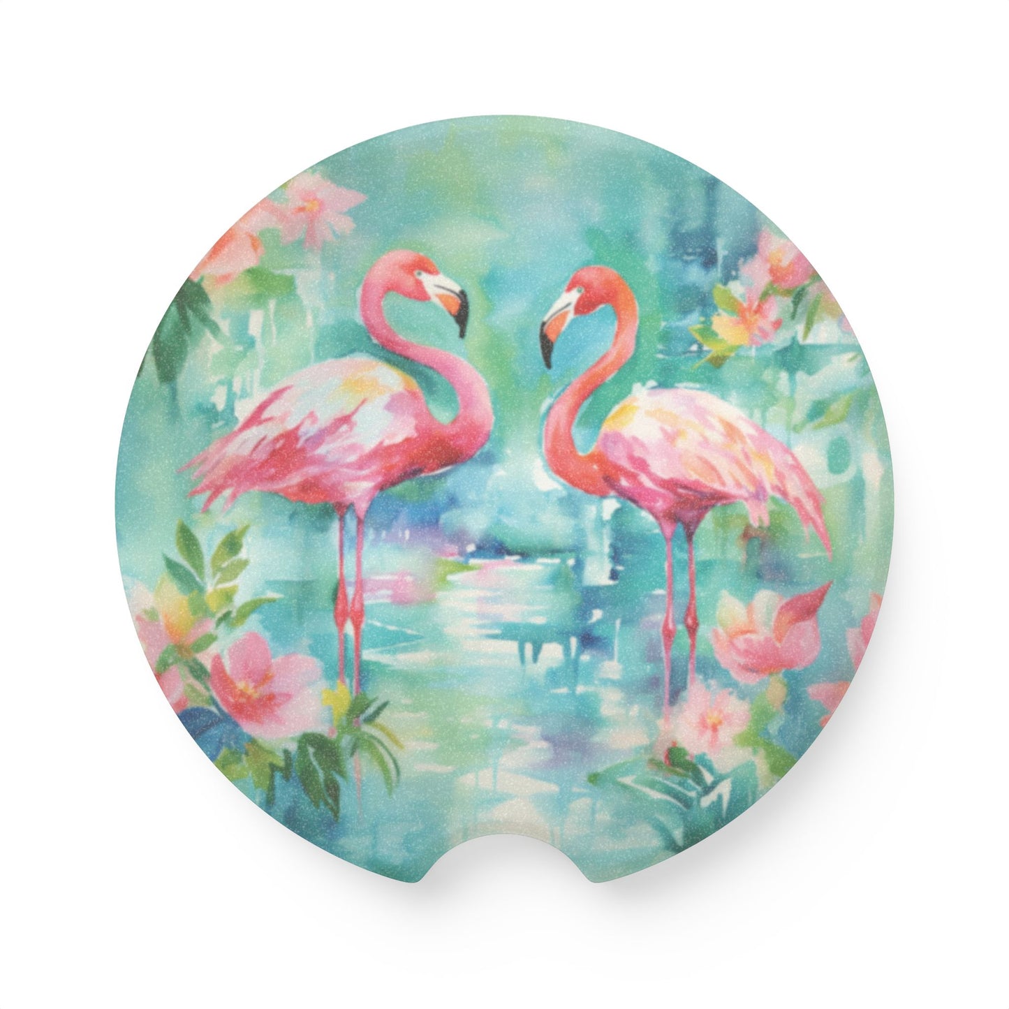 Flamingo Soapstone Car Coaster — Tropical Watercolor Drink Holder