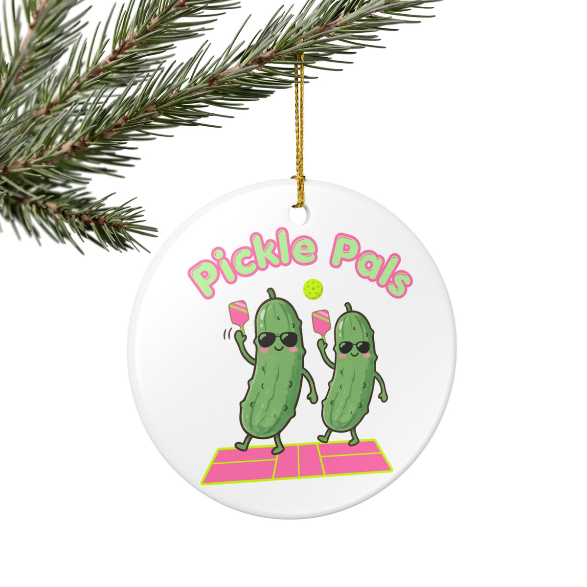 Pickle Pals Ceramic Ornament — Cute Pickleball Friends,  Pickle Holiday Decoration