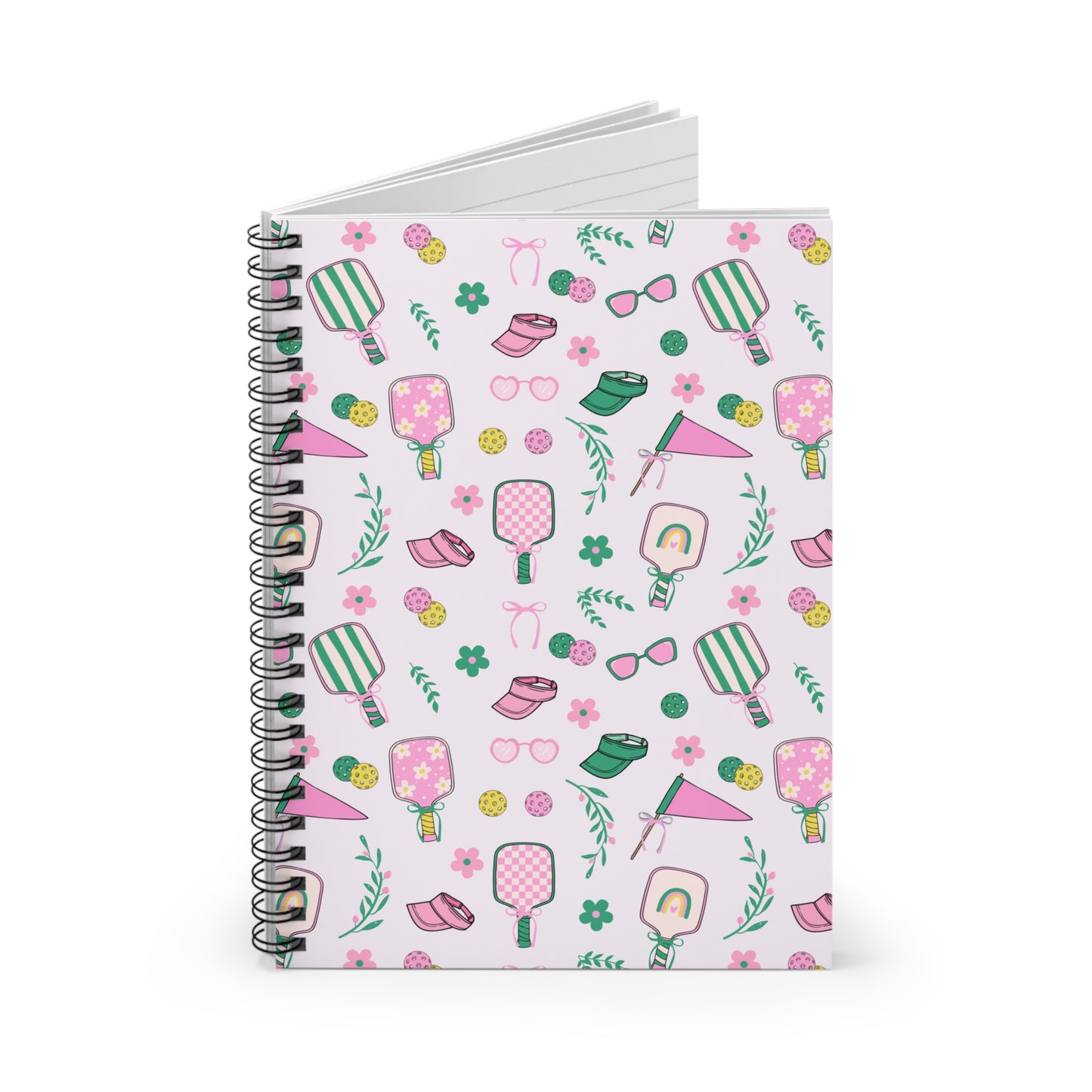 Summer Pickleball Pattern Spiral Notebook — Cute Pink Ruled Journal