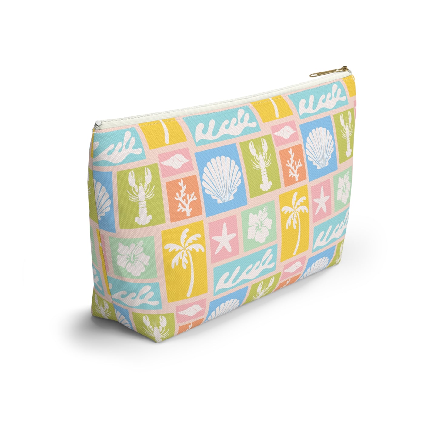 Seaside Patchwork Accessory Pouch — Pastel Beach Shell & Palm Makeup Bag