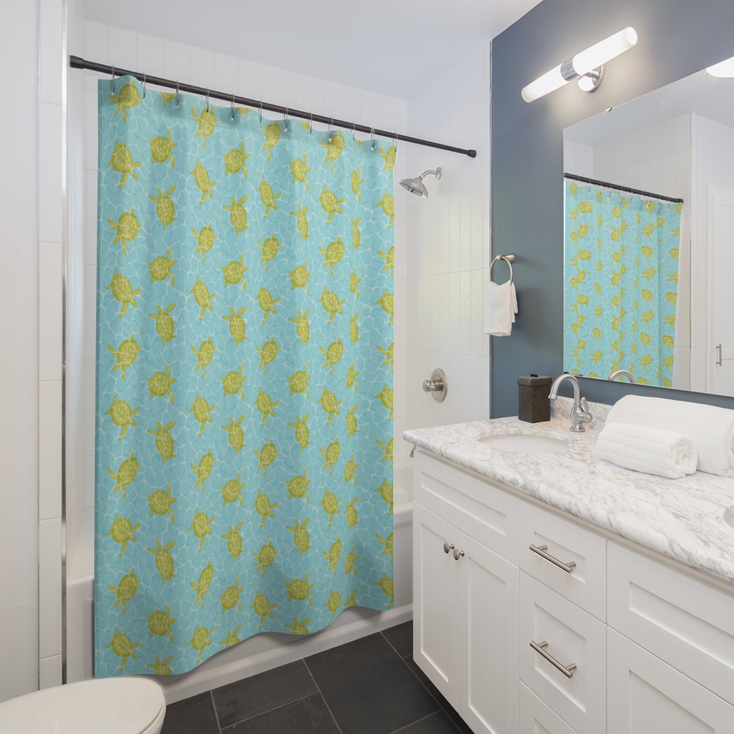 Sea Turtle Shower Curtain – Aqua Pool Pattern Beach Bathroom Decor