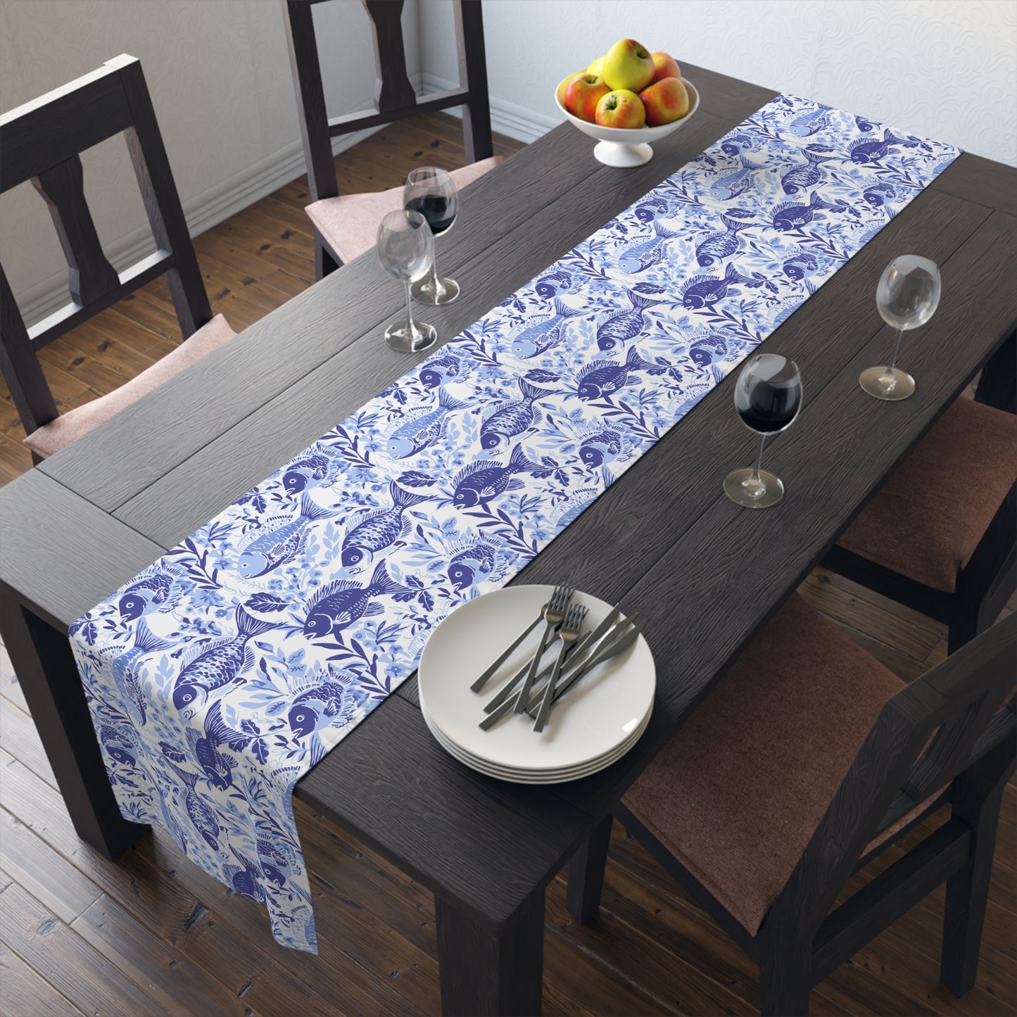 Blue Fish Pattern Navy Table Runner — Coastal Cotton-Poly Dining Decor