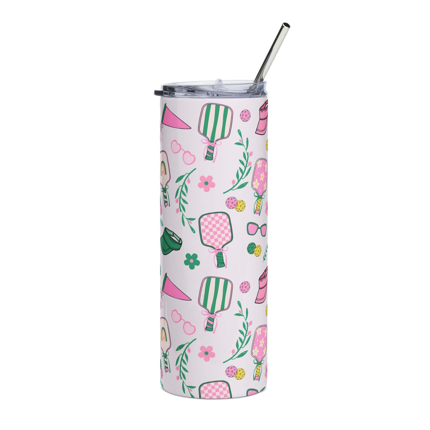 20oz Tumbler — Pink Pickleball Paddle Pattern Stainless Steel Travel Cup