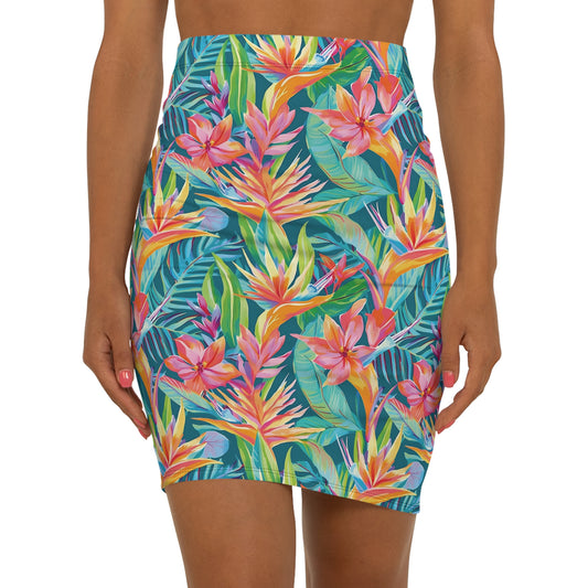 Women’s Tropical Floral Mid-Waist Pencil Skirt, Summer Outfit, Beachwear, Floral Skirt, Vacation Style, Botanical Print Skirt