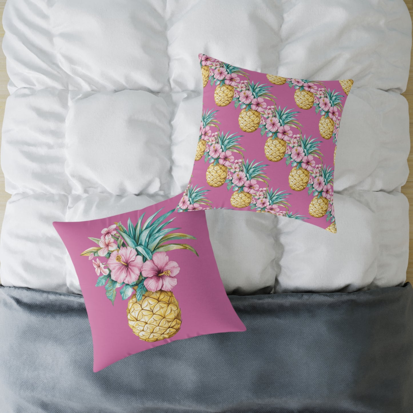 Pineapple Hibiscus Square Pillow — Tropical Floral Decorative Throw Pillow