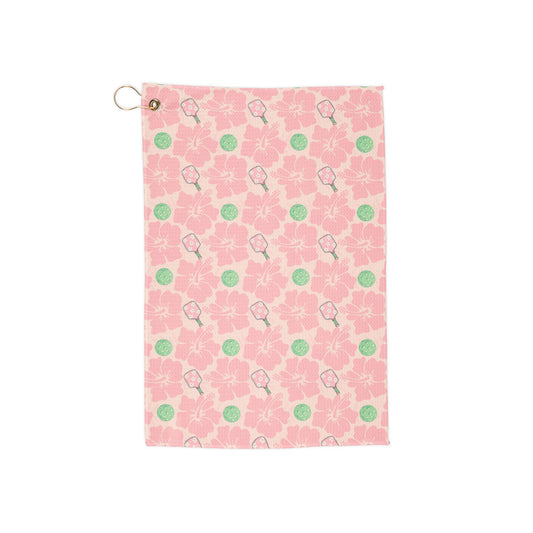 Pink Floral Pickleball Towel with Paddle & Ball Pattern — Golfing Accessory