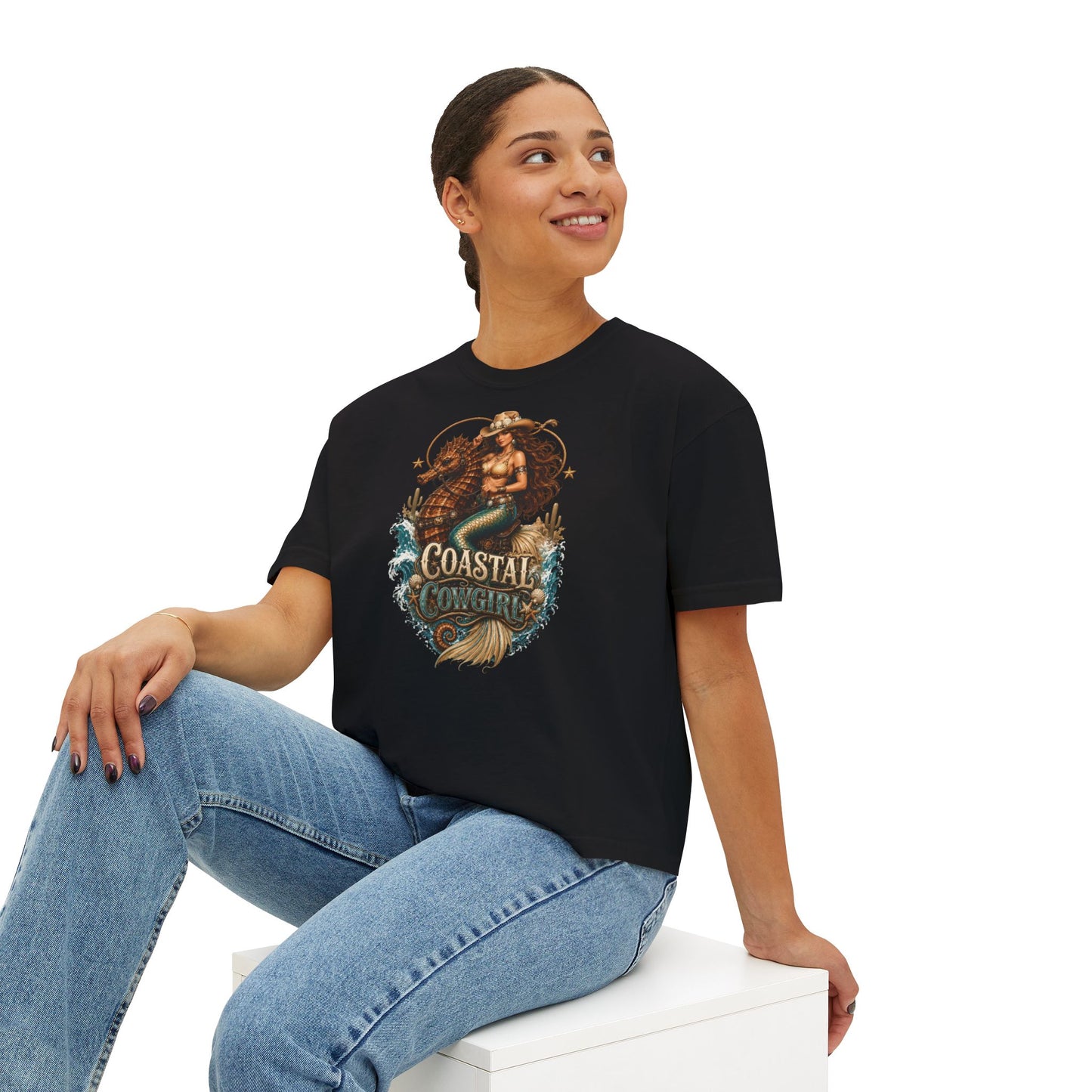 Coastal Cowgirl Women's Boxy Tee — Graphic Mermaid Cowgirl Beach Shirt