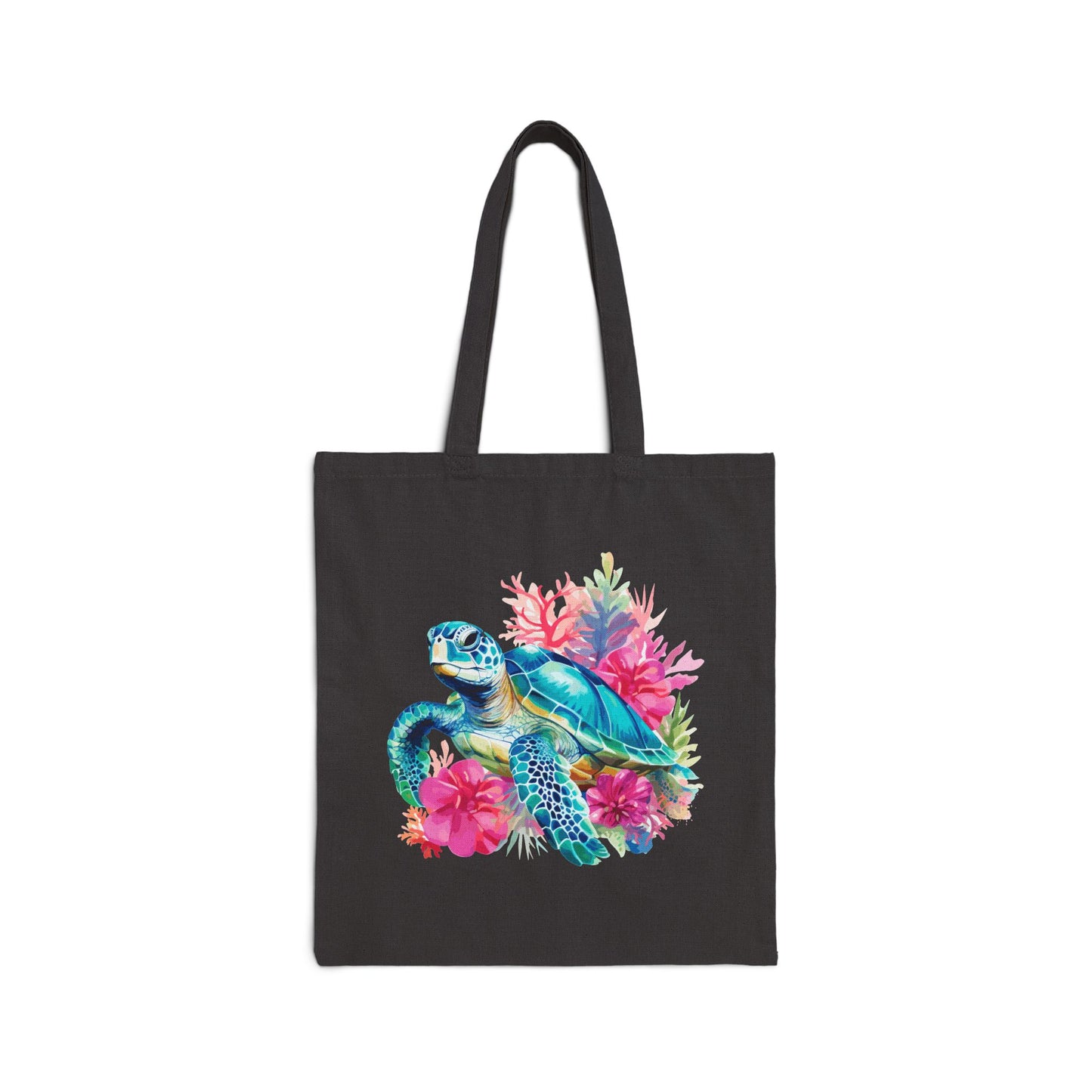 Sea Turtle Floral Canvas Tote — Eco-Friendly Beach Bag