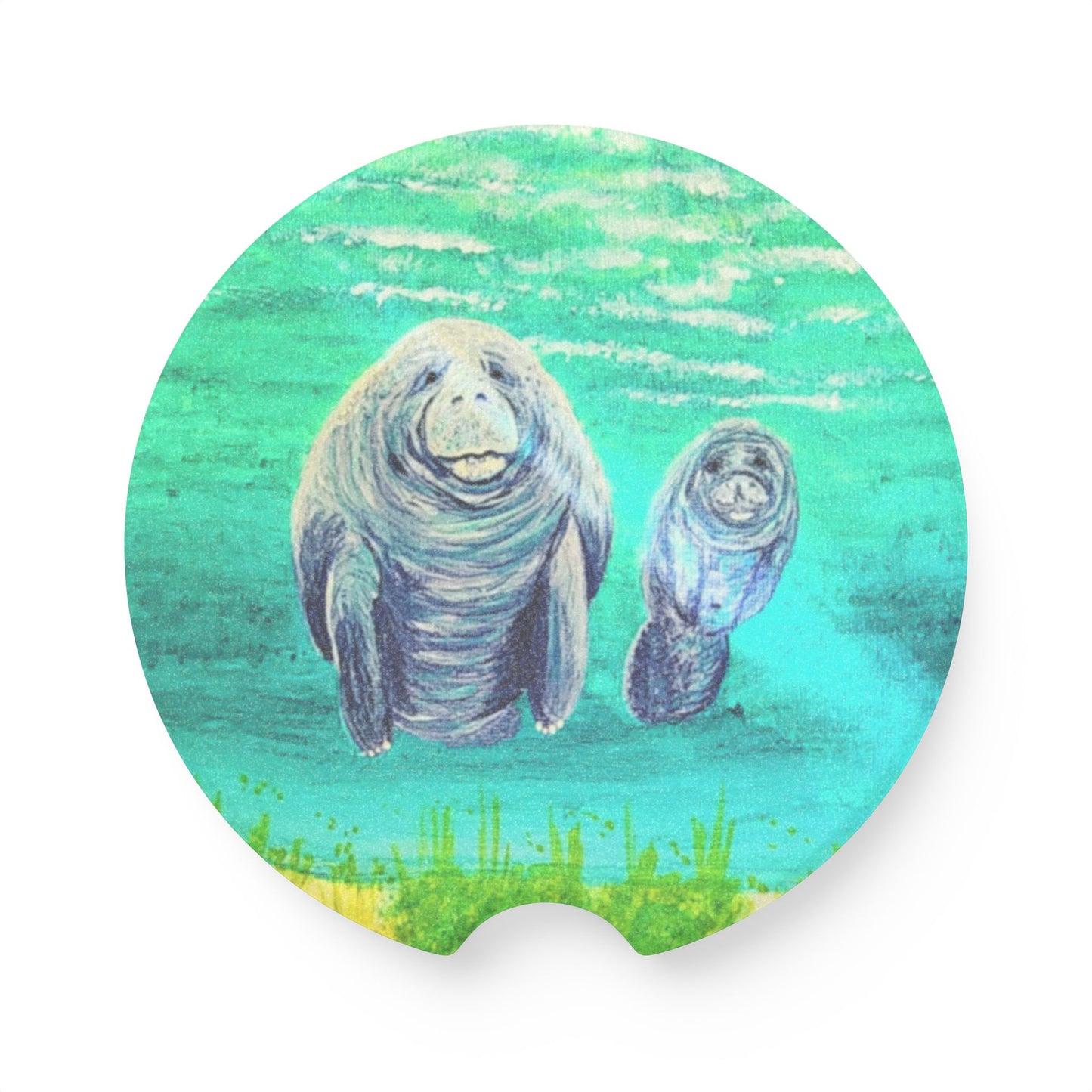 Manatee Car Coaster - Soapstone Travel Cup Holder Insert with Cute Marine Mom & Calf Design