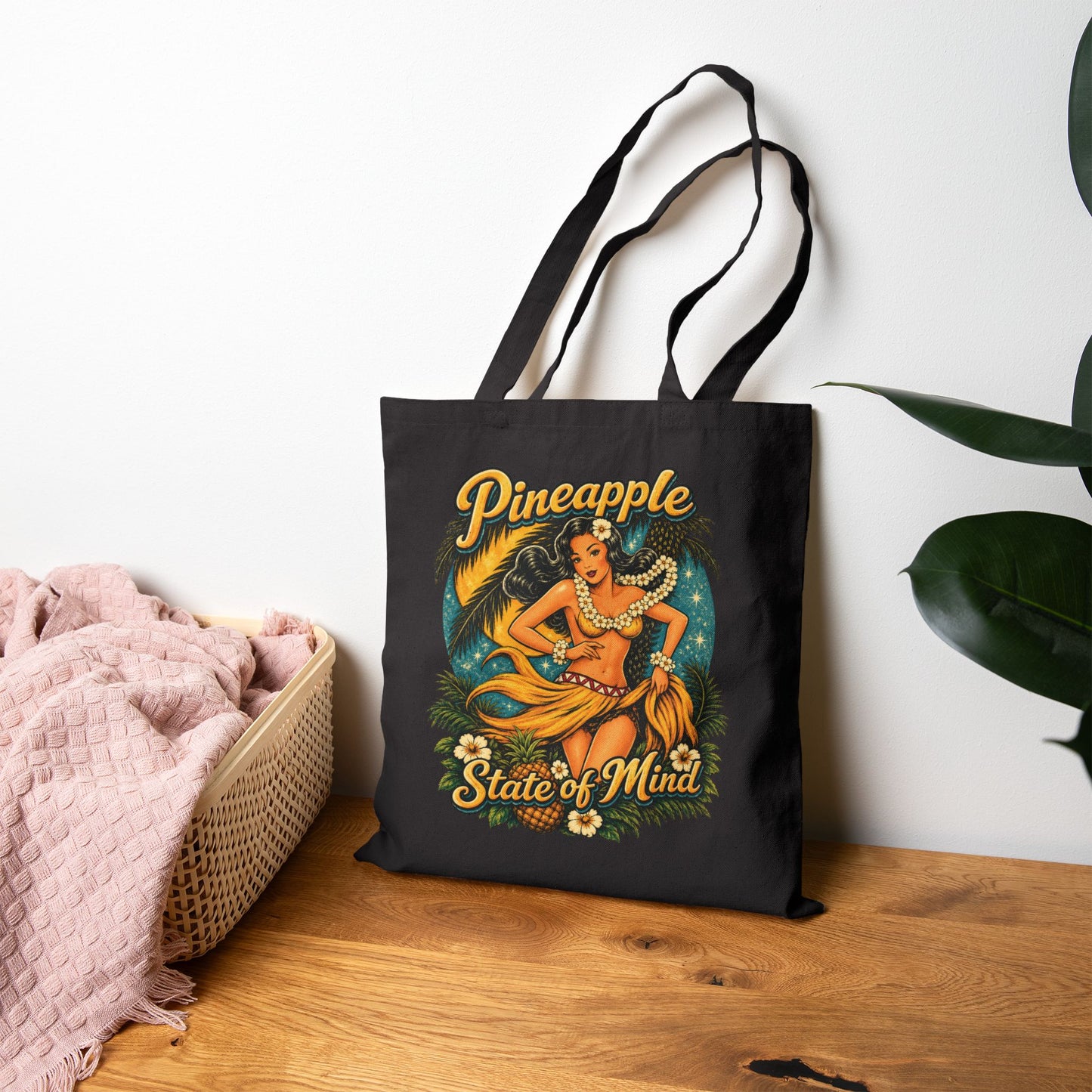 Pineapple Stat of Mind Tote Bag — Vintage Pineapple Hula Girl Canvas Tote Bag
