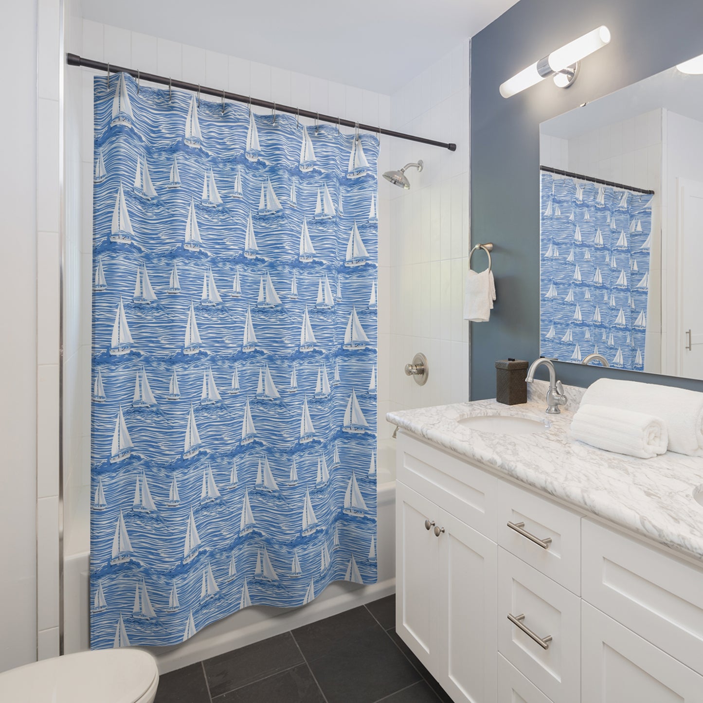 Sailboat Pattern Shower Curtain – Nautical Blue Ocean Bathroom Décor