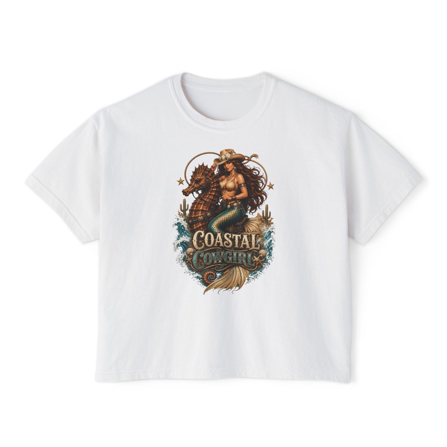 Coastal Cowgirl Women's Boxy Tee — Graphic Mermaid Cowgirl Beach Shirt