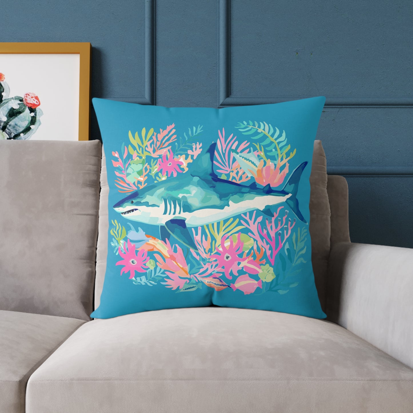 Shark Coral Square Throw Pillow — Tropical Ocean Floral Decorative Cushion