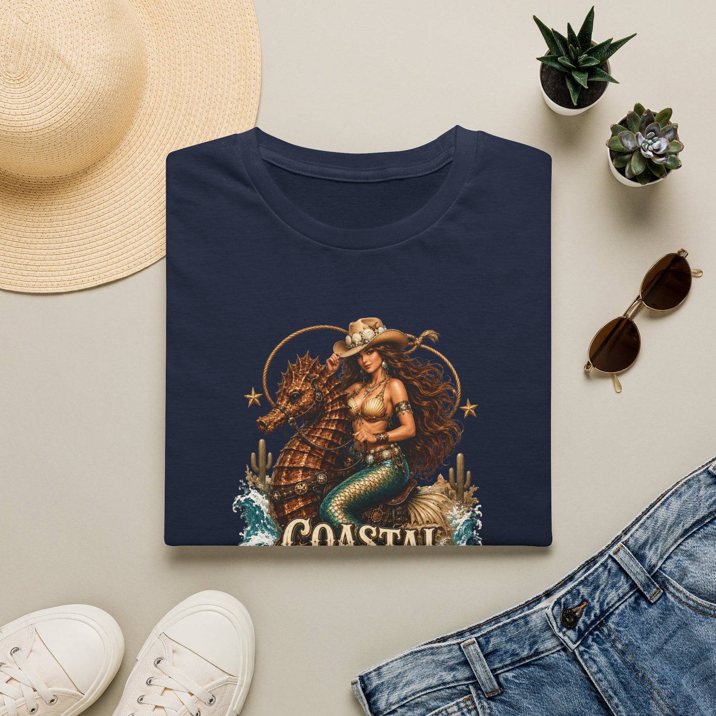 Coastal Cowgirl Mermaid T-Shirt — Western Beach Sea Horse Graphic Tee