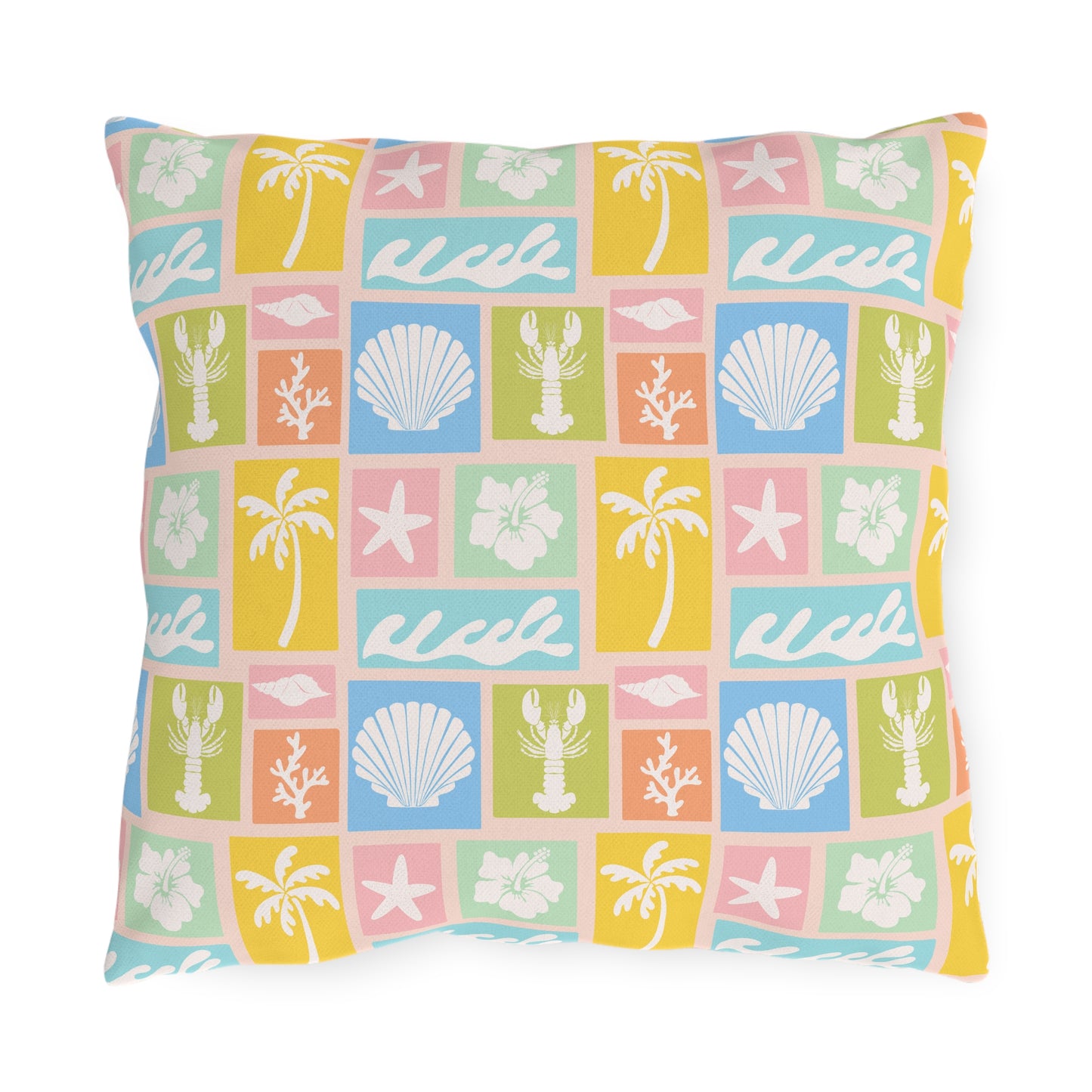 Coastal Patchwork Outdoor Pillow — Pastel Seashells, Palm & Wave Patio Cushion