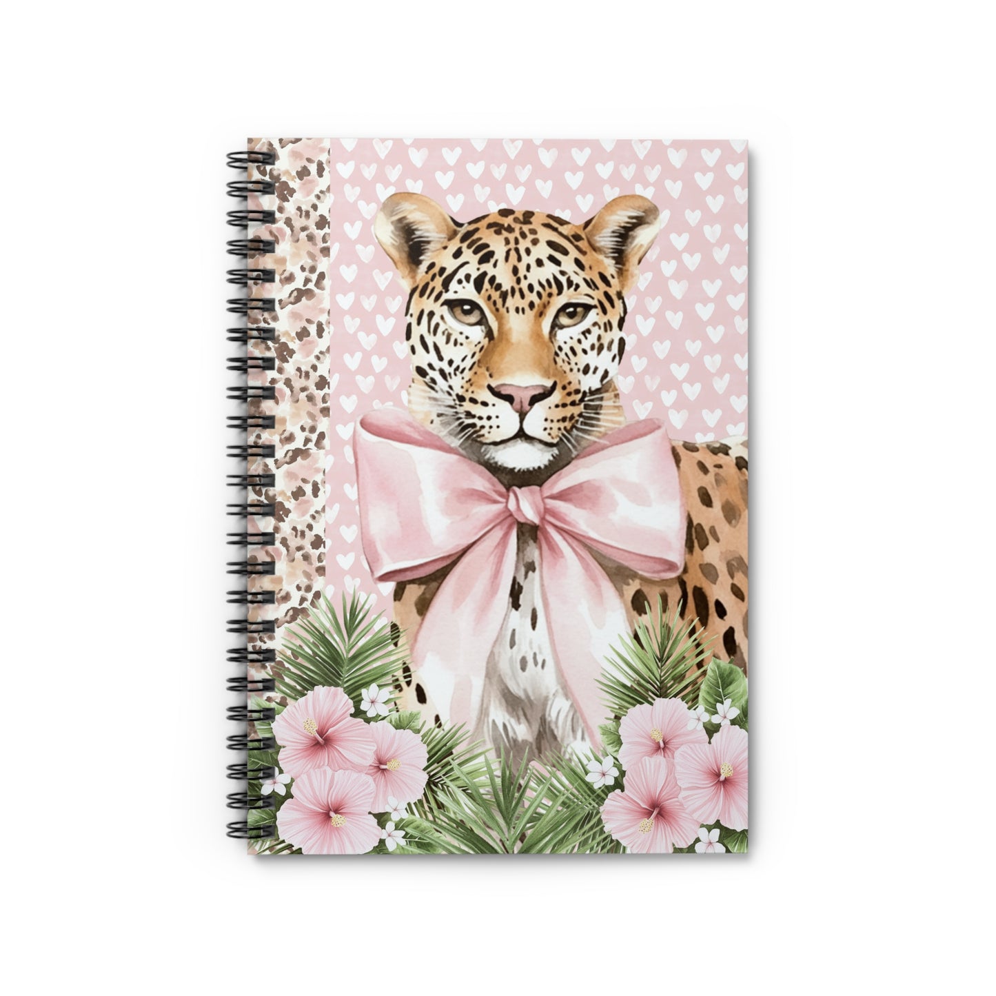 Grand Millennial Preppy Leopard Bow Spiral Notebook — Floral Pink Hearts Ruled Journal