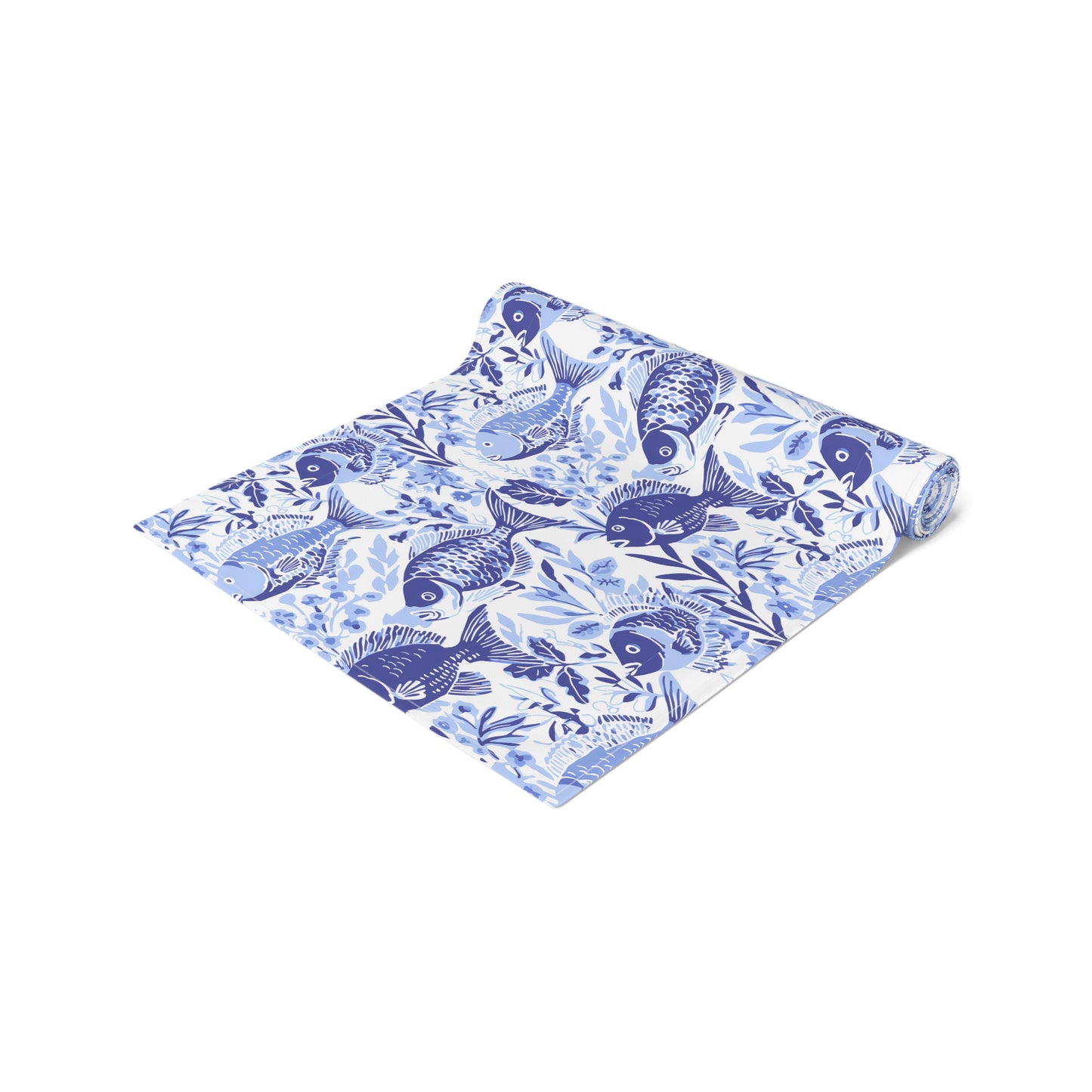 Blue Fish Pattern Navy Table Runner — Coastal Cotton-Poly Dining Decor