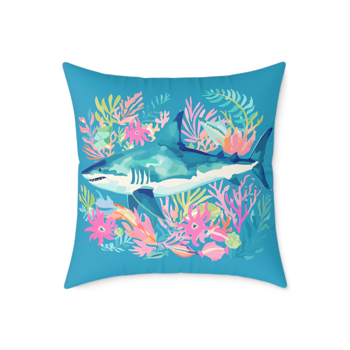 Shark Coral Square Throw Pillow — Tropical Ocean Floral Decorative Cushion