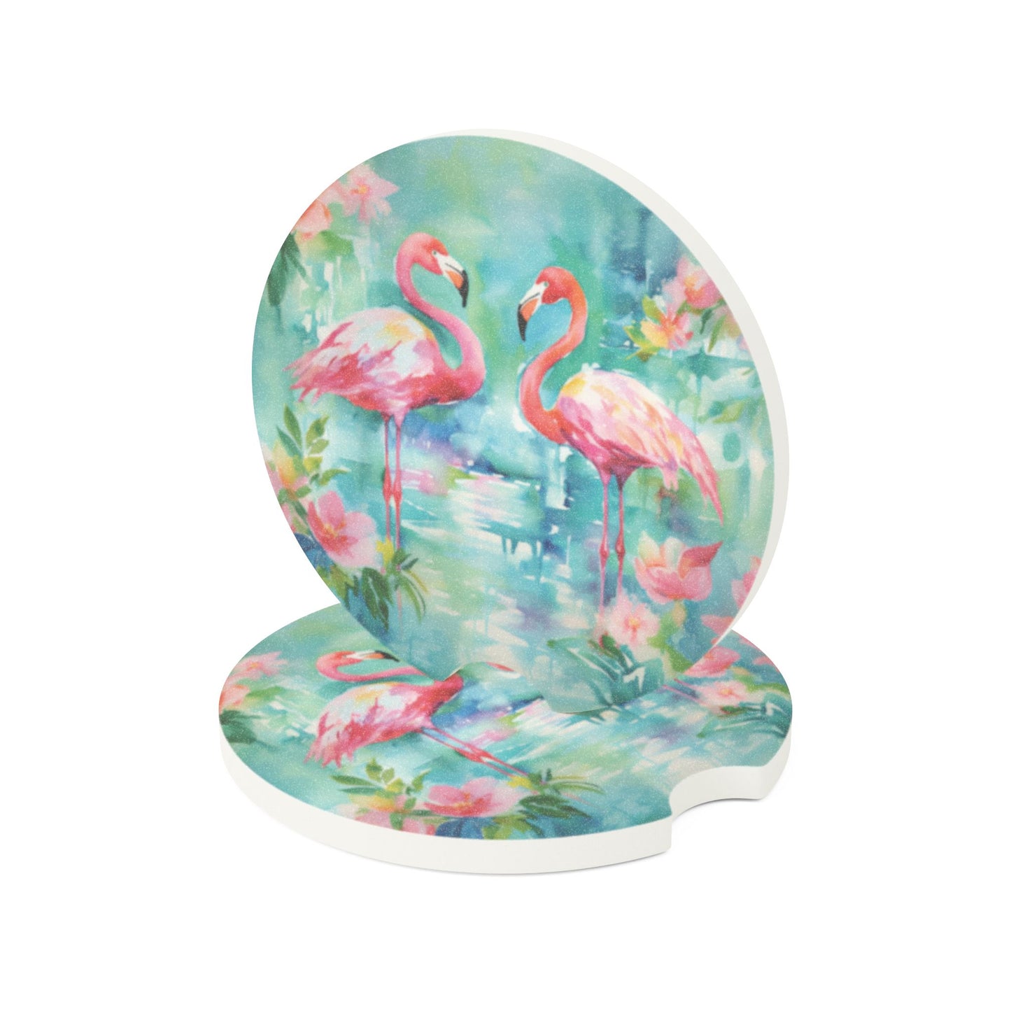 Flamingo Soapstone Car Coaster — Tropical Watercolor Drink Holder