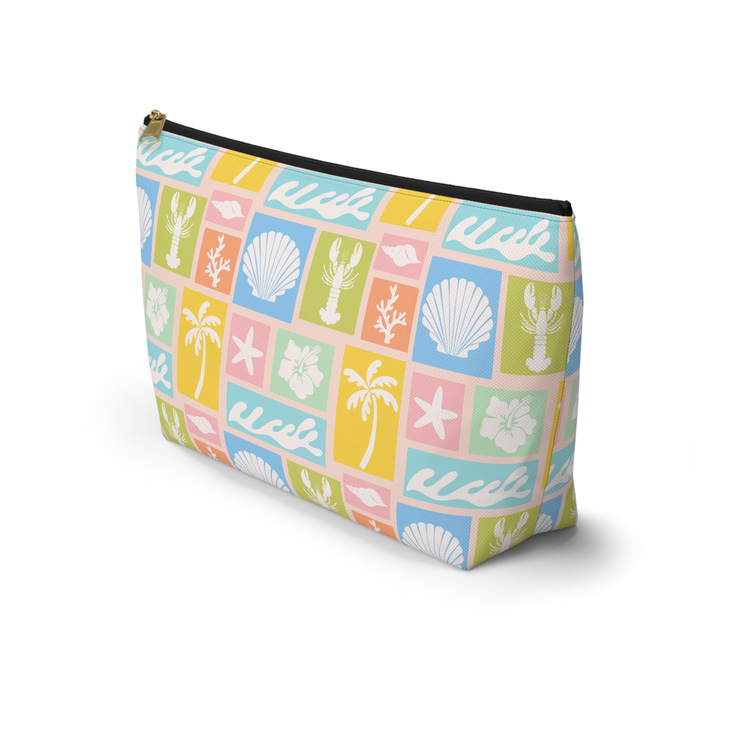 Seaside Patchwork Accessory Pouch — Pastel Beach Shell & Palm Makeup Bag