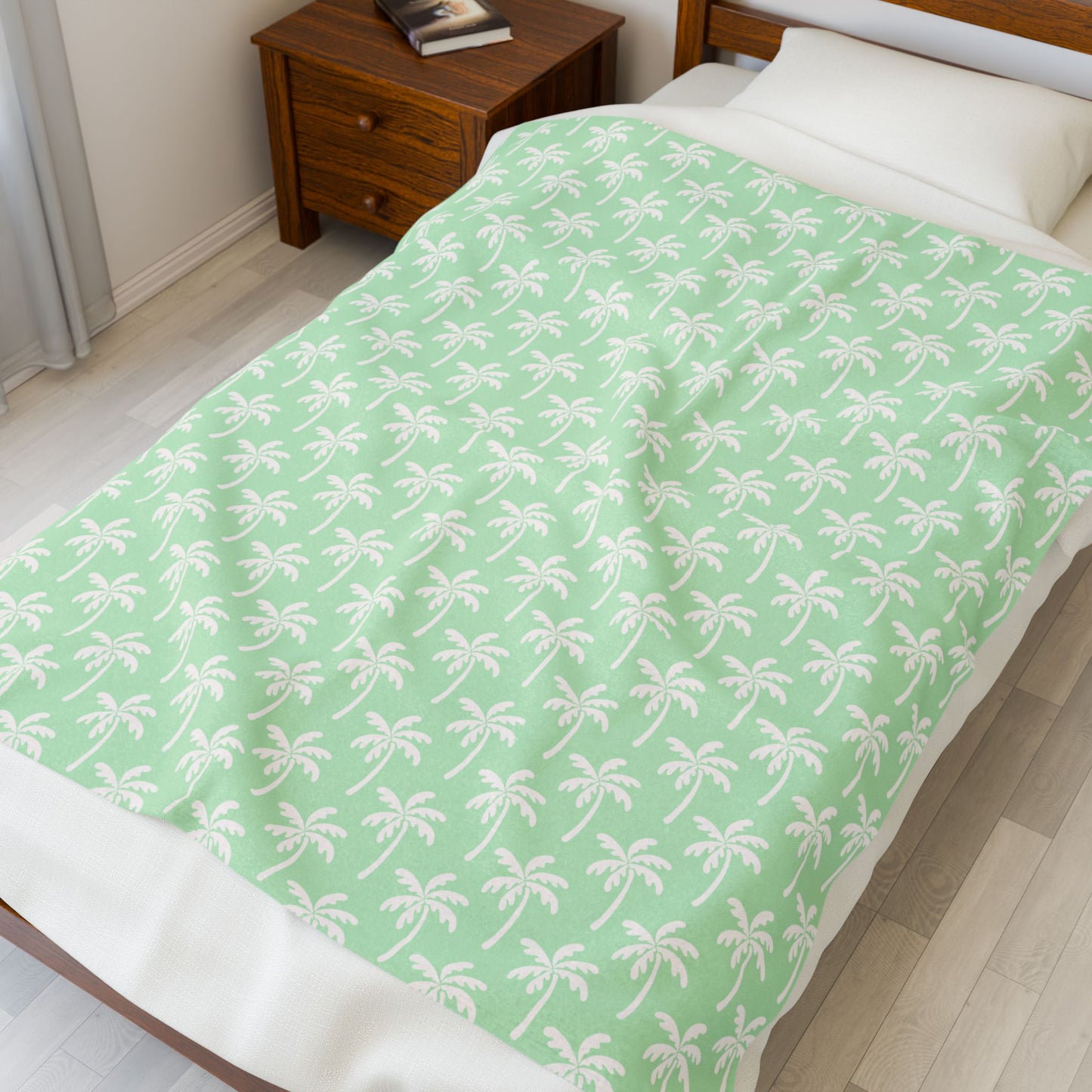 Velveteen Plush Blanket — Mint Palm Tree Pattern Cozy Throw