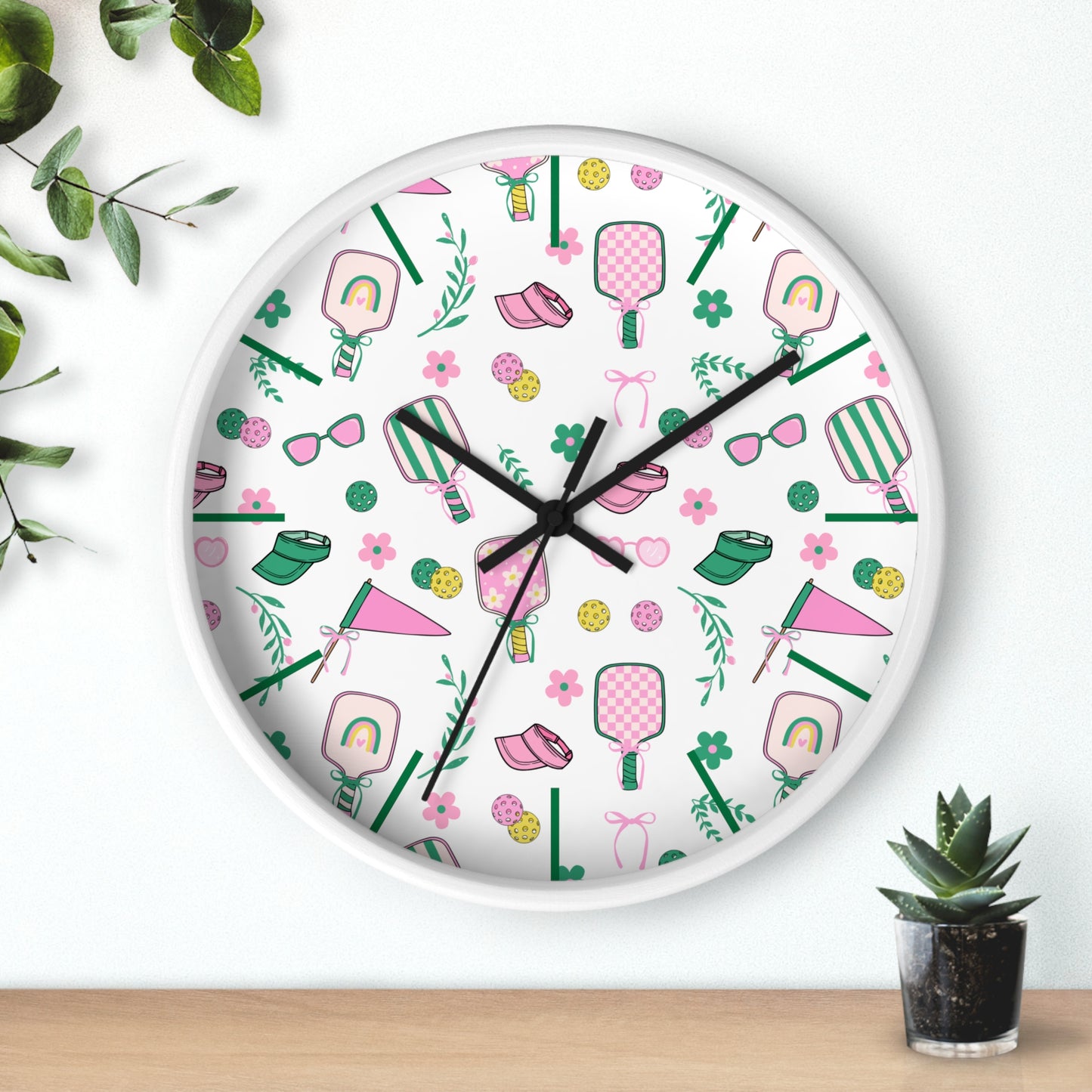 Preppy Pickleball Pattern Wall Clock – Cute Pink & Green Paddle Design